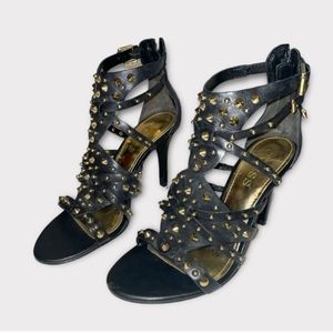 Guess Black Leather Gold Studded Heel Sandals Size 7